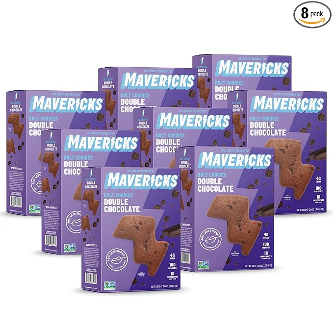 Mavericks Double Chocolate Bolt Cookies - Plant-Based Chocolate Chip Cookies, Healthy, Plant Based Snack for Kids, Nut Free, 40% Less Sugar - 7 oz Box (8 Pack)