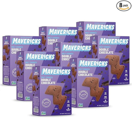 Mavericks Double Chocolate Bolt Cookies - Plant-Based Chocolate Chip Cookies, Healthy, Plant Based Snack for Kids, Nut Free, 40% Less Sugar - 7 oz Box (8 Pack)