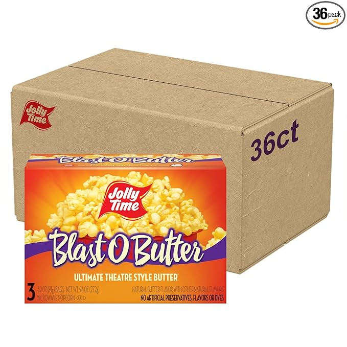 Jolly Time Blast O Butter, Ultimate Movie Theater Butter Microwave Popcorn, 3.2oz Sharing Bag, 3 Bags Per Carton (Blast O Butter, 3.2 Ounce (Pack of 36))