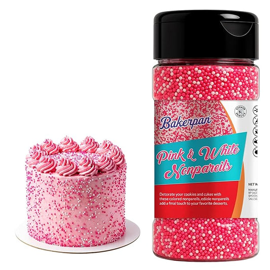 Bakerpan Pink and White Nonpareils Sprinkles - 7 Ounces Sprinkles For Cake Decorating - Edible Nonpareils for Cupcakes, Ice Cream, Cake Decorations (Made in USA)