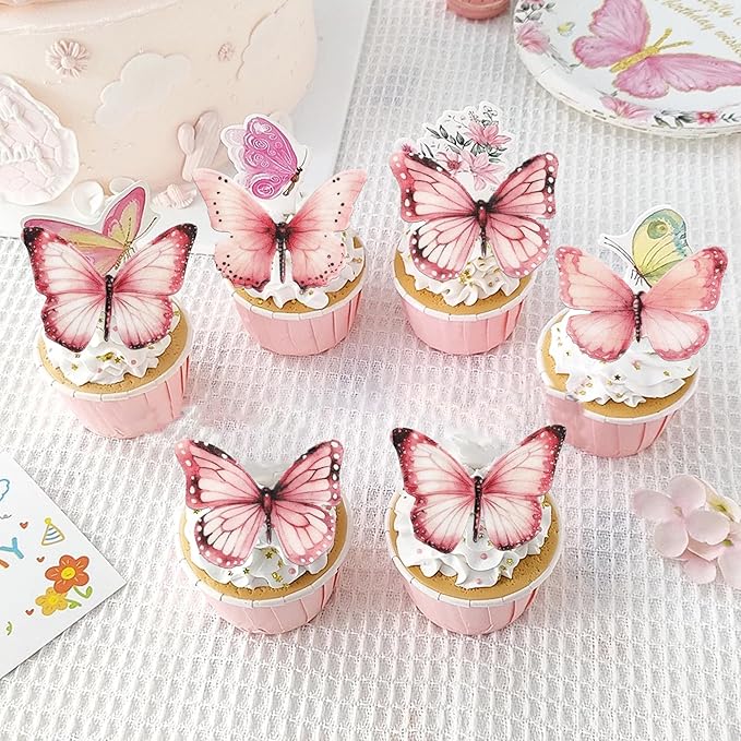 Rsstarxi 60 Pack Edible Butterfly Cake Decorations, Wafer Paper Butterflies Cupcake Toppers for Wedding, Birthday, Anniversary, Baby Shower Party Decorating Supplies - Pink