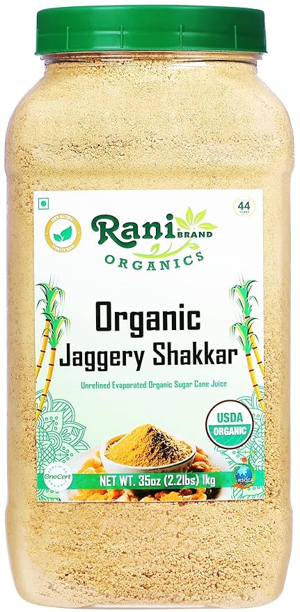 Rani Organic Jaggery Shakkar (Unrefined Evaporated Organic Sugar Cane Juice) 35oz (1kg) PET Jar ~ Gluten Friendly | Vegan | NON-GMO | No Salt or fillers | Indian Product | USDA Certified Organic