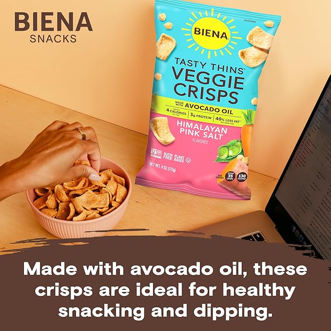 BIENA Tasty Thins Veggie Crisps - Made with Avocado Oil - Low Calorie Veggie Chips for Adults and Kids - 4-Pack, 4 Ounce Bags - Himalayan Pink Salt