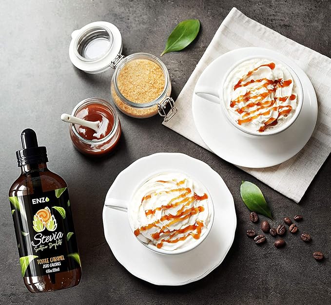 Enzo Liquid Stevia Drops Our Zero Calories Sweetener (4oz - 800 Servings/Bottle) - Toffee Caramel - All Natural flavoring with No Artificial Additives & Filler Ingredient