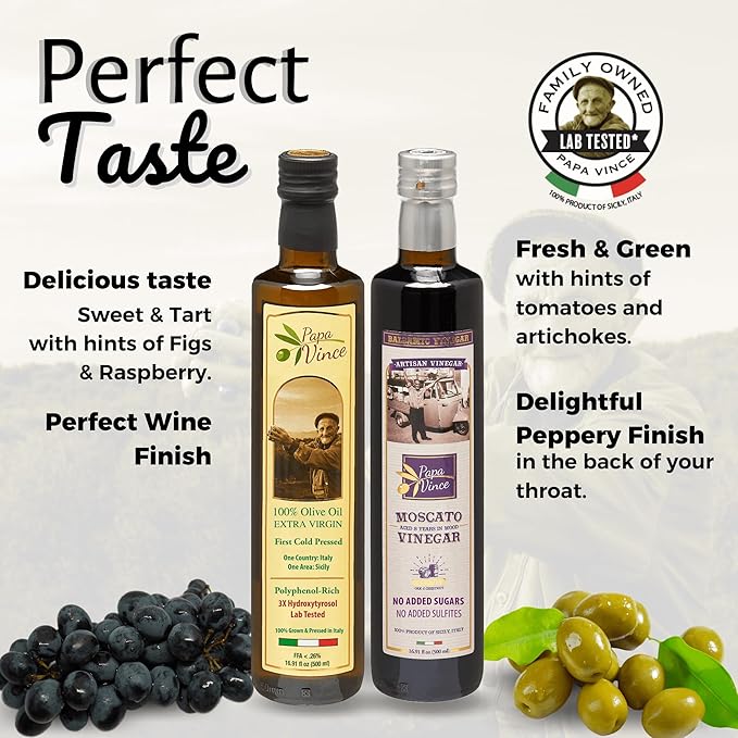 Papa Vince Extra Virgin Olive Oil & Balsamic Set - EVOO First Cold Pressed Dec 2023/24, Balsamic Vinager Aged 8-years in wood made by our family in Sicily, Italy - 16.91 oz each