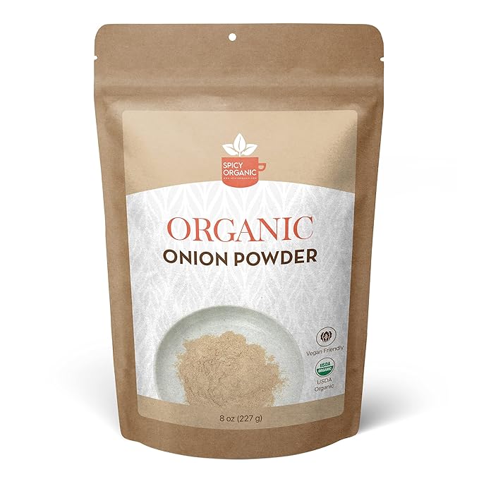 SPICY ORGANIC Onion Powder ??8 oz. ??Certified USDA Organic - Non-GMO - White Onion Powder Seasoning for Dressings, Dips, Casseroles, Meat, Poultry, Baking, Sauces, Gravies, and Flavoring for Snacks