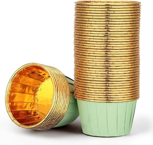 EUSOAR Cupcake Cups, 50pcs 3.5oz Muffin Cupcake Liners Disposable Ramekins, Aluminum Foil Wrappers Paper Dessert Containers Mini Cheesecakes Holders for Birthday Wedding Party-Light Green/Gold