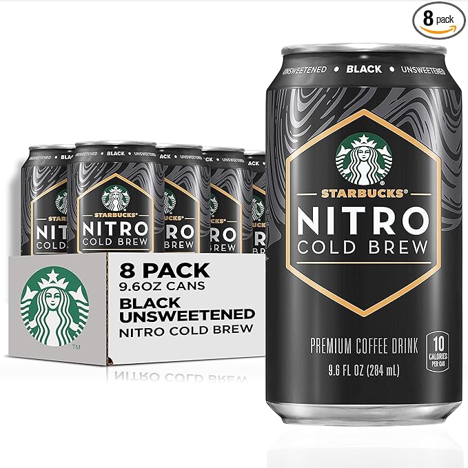 Starbucks Nitro Cold Brew Coffee, Black Unsweetened, 9.6 fl oz Cans (8 Pack), Iced Coffee, Cold Brew Coffee, Coffee Drink