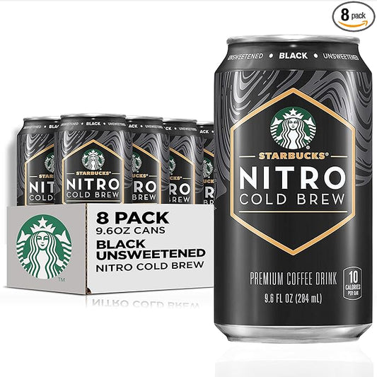 Starbucks Nitro Cold Brew Coffee, Black Unsweetened, 9.6 fl oz Cans (8 Pack), Iced Coffee, Cold Brew Coffee, Coffee Drink