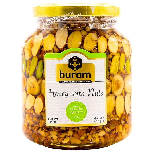 Buram Honey with Nuts, Premium Quality Honey Dipped Mix Nuts with Gourmet Savory Flavor, Great for Snacking, Spread and Baking, Resealable Jar, 14 Ounce