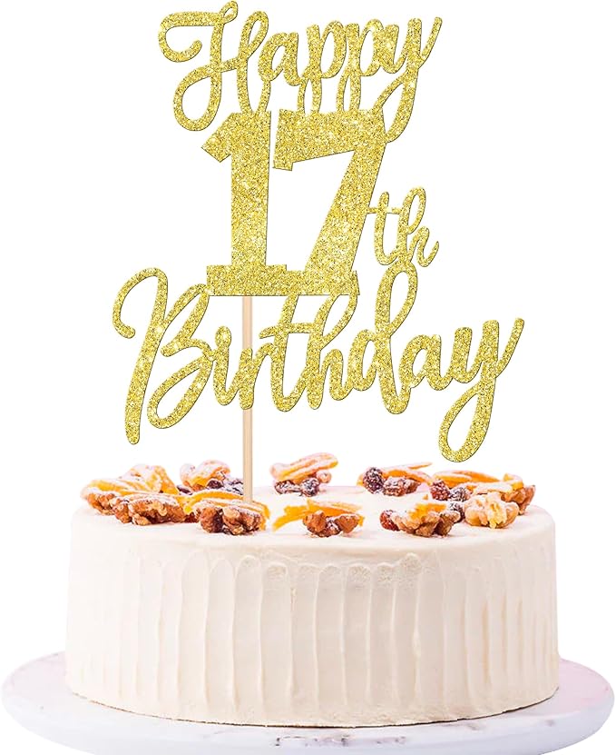 1 PCS Happy 17th Birthday Cake Topper Glitter Cheers to 17 Years Birthday Cake Pick Seventeen Hello 17 Cake Decoration for Happy 17th Birthday Anniversary Theme Party Decorations Supplies Gold