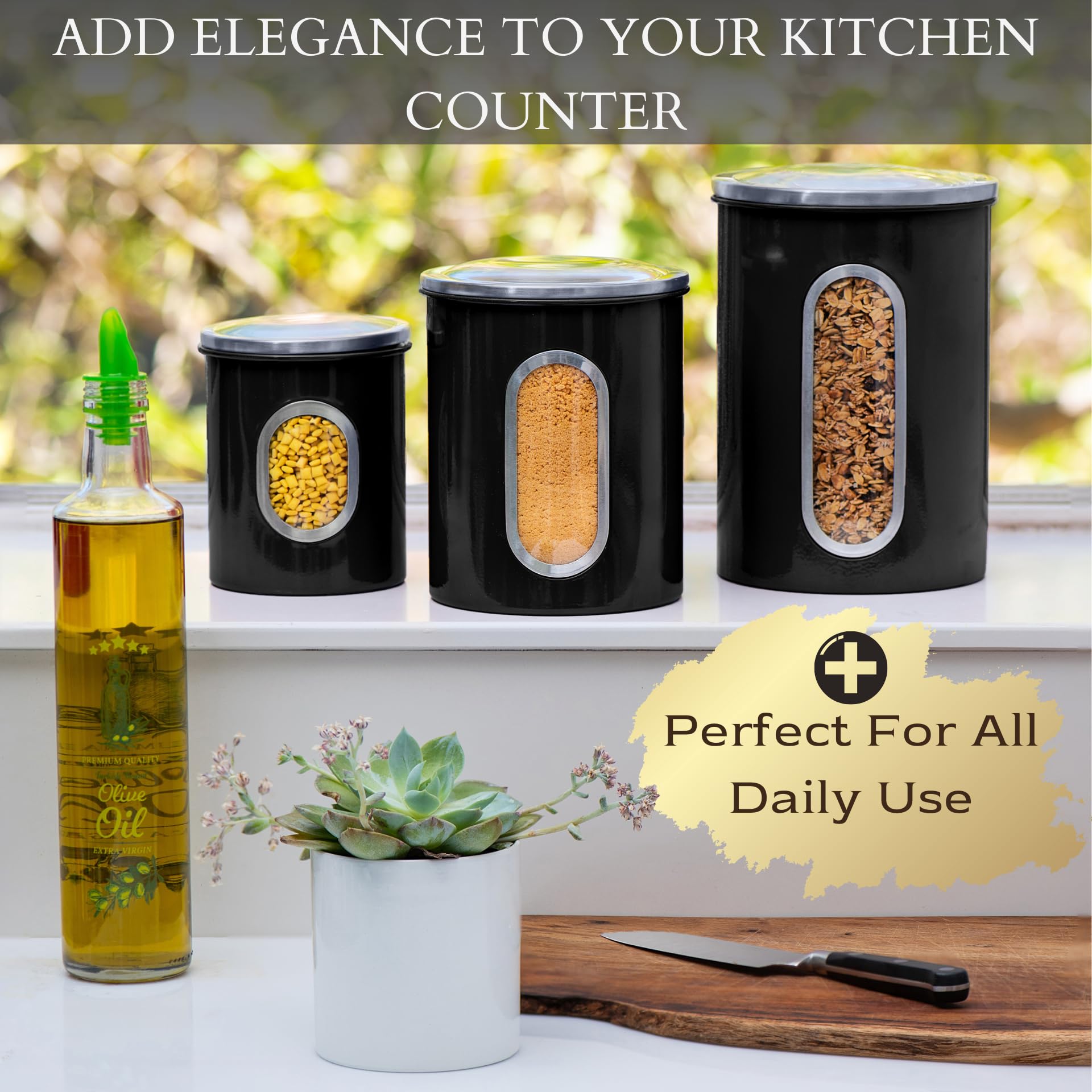 Mixpresso 3-Pcs Black Canisters Set for Kitchen Storage Airtight Jars