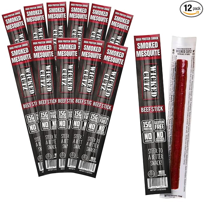 Wicked Cutz Smoked Mesquite Beef Sticks, 15g Protein Per Beef Stick, Tender & Juicy Extra Large Meat Stick, USA Made High Protein Meat Sticks, Carnivore Snacks (12 Pack)