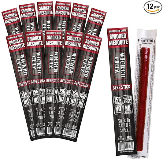 Wicked Cutz Smoked Mesquite Beef Sticks, 15g Protein Per Beef Stick, Tender & Juicy Extra Large Meat Stick, USA Made High Protein Meat Sticks, Carnivore Snacks (12 Pack)