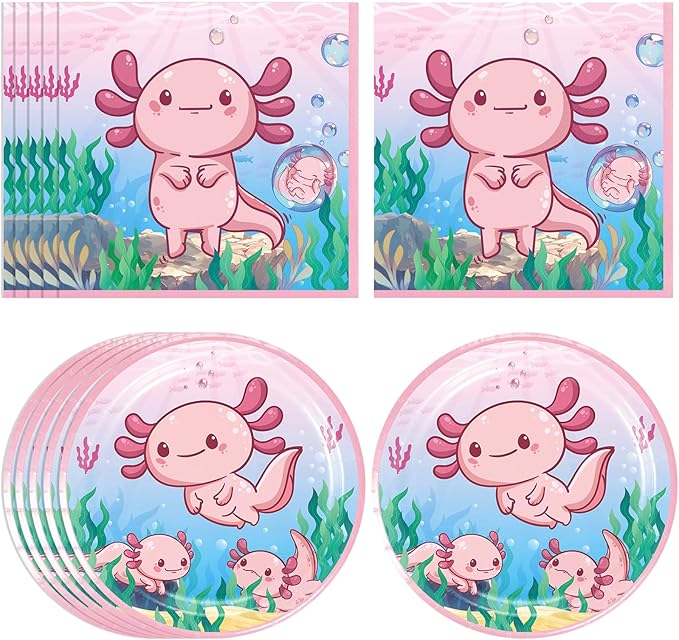 40Pcs Pink Cartoon Axolotl Birthday Party Decorations Reptile Animals Party Tableware Set Axolotl Party Paper Plates and Napkin訝쭮oys Girls Birthday,Baby Shower Axolotl Theme Party Supplies,Serve 20