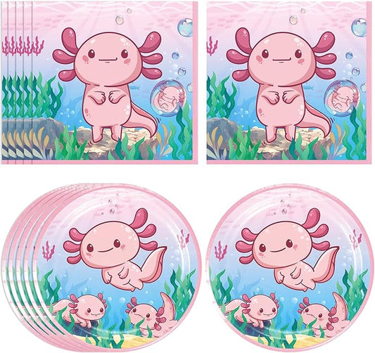 40Pcs Pink Cartoon Axolotl Birthday Party Decorations Reptile Animals Party Tableware Set Axolotl Party Paper Plates and Napkin訝쭮oys Girls Birthday,Baby Shower Axolotl Theme Party Supplies,Serve 20