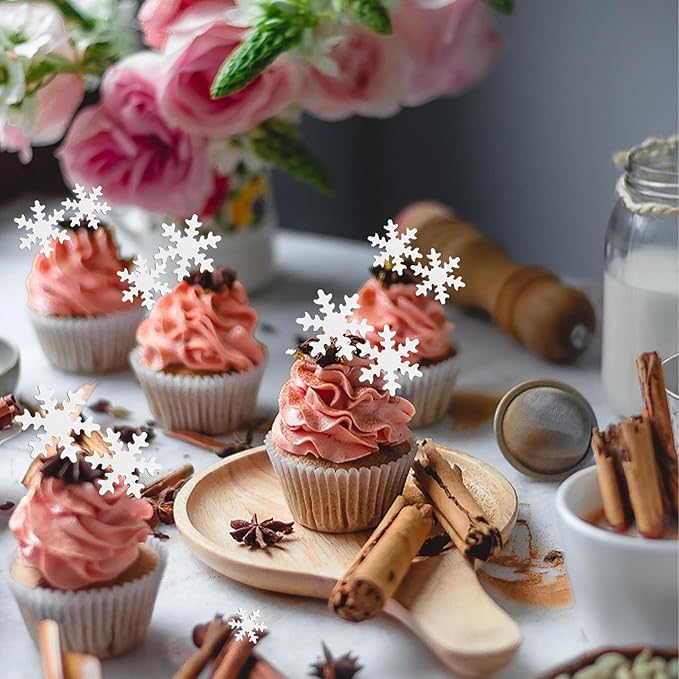 Rsstarxi 50 Pack Edible Snowflake Cupcake Toppers - White Snowflakes Cake Decorations for Winter Frozen Theme Baby Shower Birthday Party