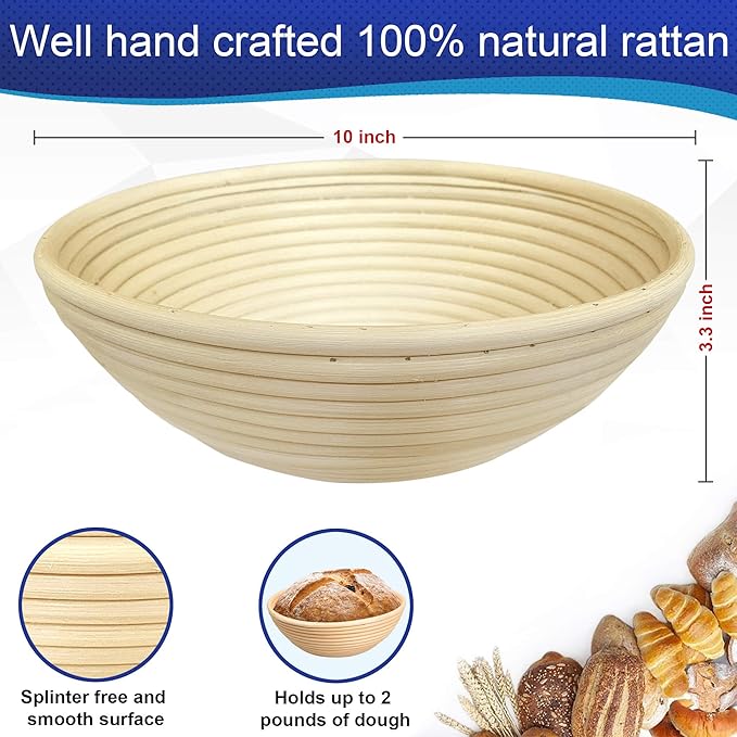 10inch Round Banneton Proofing Basket Set Bread Baking Kit, Dough Scraper, Bread Lame, Danish Dough Whisk Sourdough Proofing Basket Artisanal Bread Making Tools and Supplies Set (10inch round)