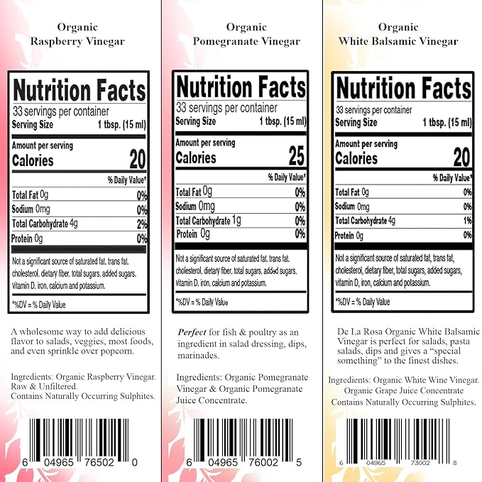 De La Rosa Organic Vinegar Variety Pack, Raspberry, Pomegranate & White Balsamic Vinegar, Vegan, Kosher, Non-GMO & Gluten Free, Great for Salad Dressing, Marinades & More | 16.9 Oz (Pack of 3)