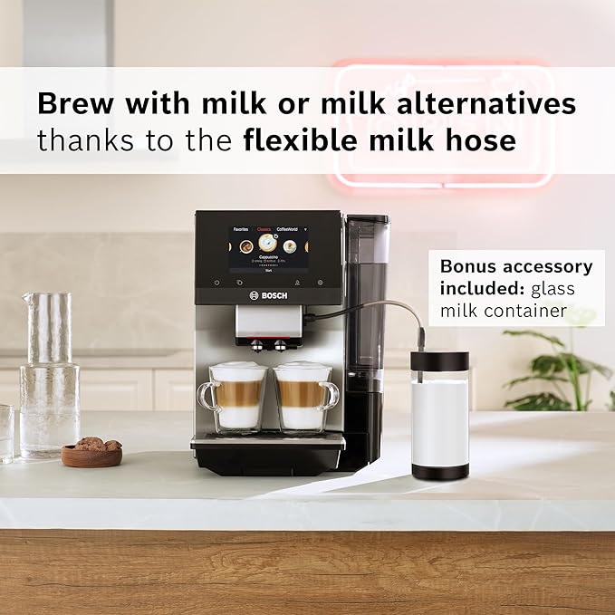 Bosch 800 Series Fully Automatic Espresso and Coffee Machine ??36 Drinks with Coffee World, Cold Brew, Double Cup, Milk Hose, Glass Milk Container, in Metallic Silver TPU60501