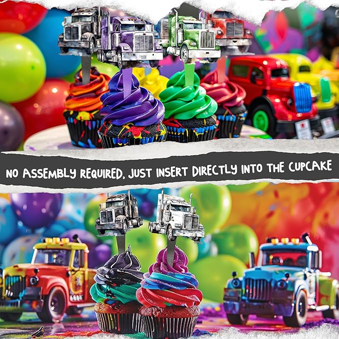 40 Semi Truck Party Decorations - Cupcake Toppers for Semi Truck Birthday, Trucking Baby Shower and Cake Decor