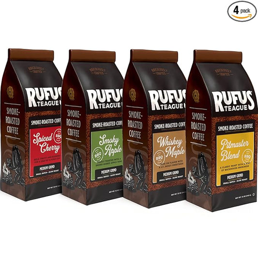 Rufus Teague Smoke Roasted Coffee Variety Pack, Gourmet Flavored Ground Coffee, Dark Roasted, Assorted Flavors, Medium Grind, 12 oz, 4-Pack