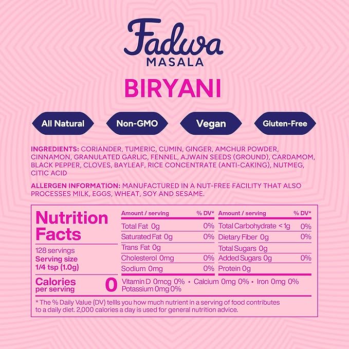 Fadwa Masala Biryani Spice Mix - 4.5 oz Jar, Salt & Sugar Free, Non-Spicy Authentic Desi Spices for Pakistani & Indian Cooking, Curry, Garam Masala - No Artificial Ingredients - Gluten Free