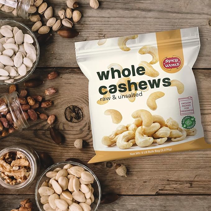 Spicy World Raw Cashews 5 LB (80oz) Bulk - Non-GMO, Gluten Free, Peanut Free, No Additives, Unsalted Natural & Pure Whole Cashews - Great for Pesto, Salads, Baking, Roasting & Cooking