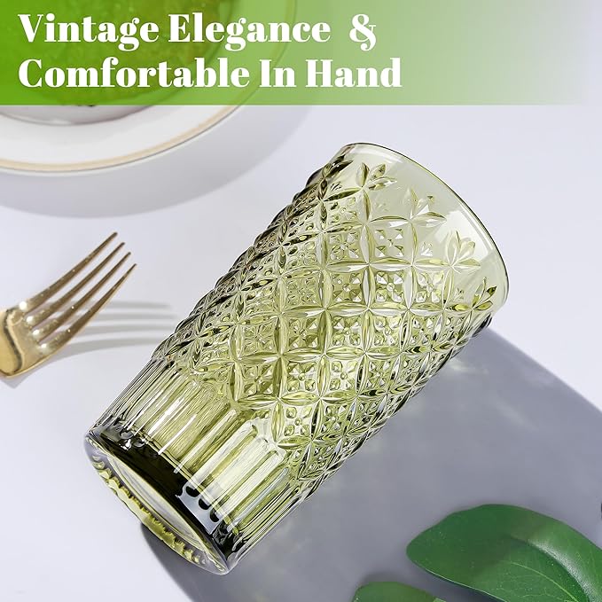 Joeyan Green Vintage Drinking Glasses,Embossed Water Glass Cups,Colored Highball Glass Tumblers,Decorative Elegant Glassware Cups for Beverages Juice Cocktail Beer,14 oz,Set of 4,Dishwasher Safe