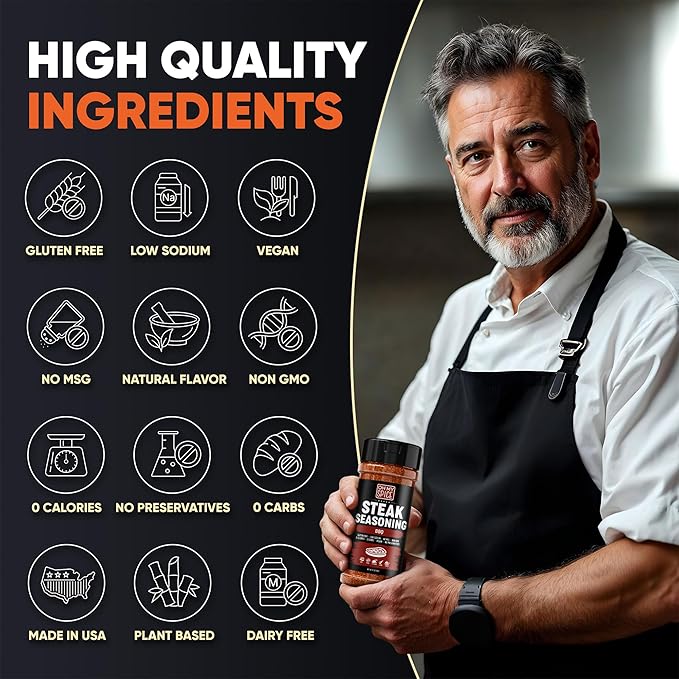 Steak Seasoning BBQ Rub Mix - Gluten Free & Low Sodium Meat Seasonings for Beef, Rib & Ribeye. Steak Seasoning for Grilling. BBQ Seasonings for Cooking. Steaks Salt Blend. Smoking Steaks Rubs. 4.1oz