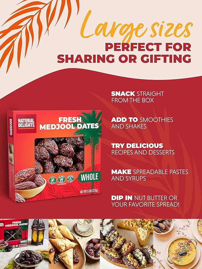 Natural Delights Medjool Dates Whole - Non-GMO Verified Fruit, Good Source of Fiber & Potassium, Naturally Sweet, Snack for On-the-Go, Large & Plump Dates - Bulk 5 lb Box (Pack of 2)