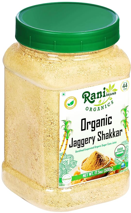 Rani Organic Jaggery Shakkar (Unrefined Evaporated Organic Sugar Cane Juice) 17.5oz (1.1lbs) 500g PET Jar ~ Gluten Friendly | Vegan | NON-GMO | No Salt or fillers | USDA Certified Organic