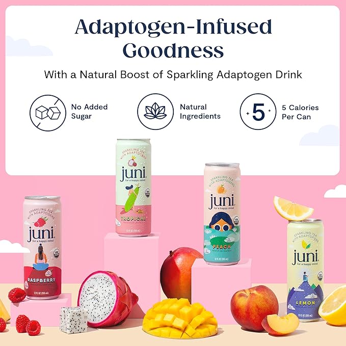 Juni Sparkling Adaptogen Drink with Ashwagandha, Lion’s Mane & Reishi Mushrooms | Green Tea for Focus, Zero Sugar, 5 Calories, Organic | Non Alcoholic Drinks - Raspberry 12 pack