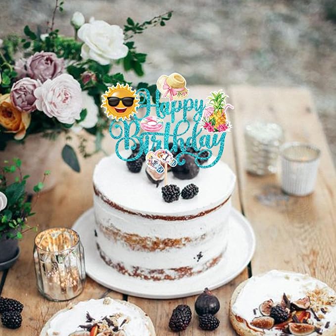 1 PCS Summer Beach Happy Birthday Cake Topper Sun Flip-Flops Pineapple Flatator Hat Cake Pick Pool Party Decorations for Tropical Hawaiian Luau Theme Birthday Party Cake Decorations Supplies Blue