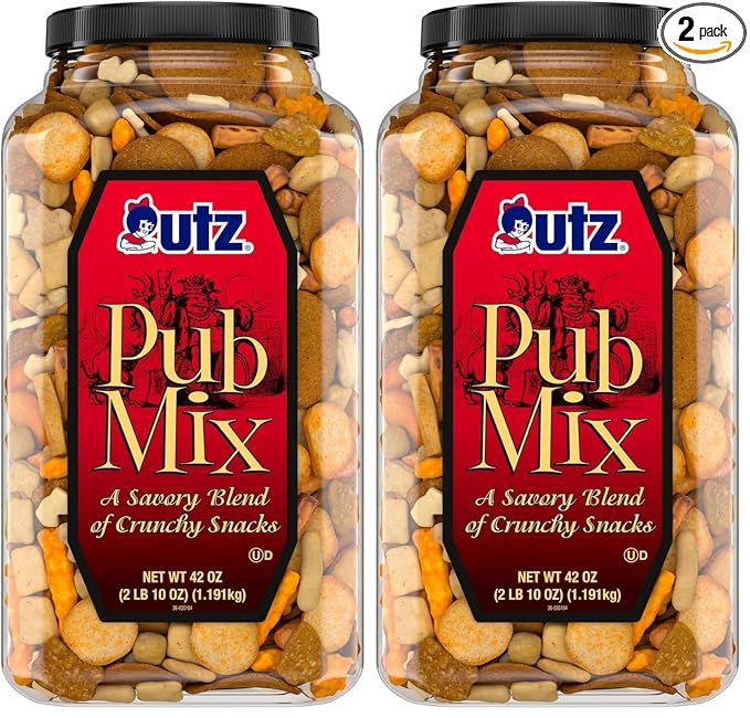 Utz Pub Mix, 42 Oz. Barrel, Savory Snack Mix with a Blend of Crunchy Flavors for a Tasty Party Snack, Resealable Container, Trans-Fat Free and Kosher Certified (Pack of 2)