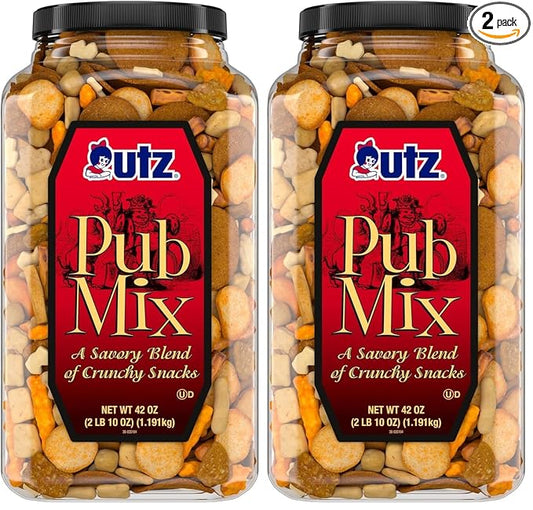 Utz Pub Mix, 42 Oz. Barrel, Savory Snack Mix with a Blend of Crunchy Flavors for a Tasty Party Snack, Resealable Container, Trans-Fat Free and Kosher Certified (Pack of 2)