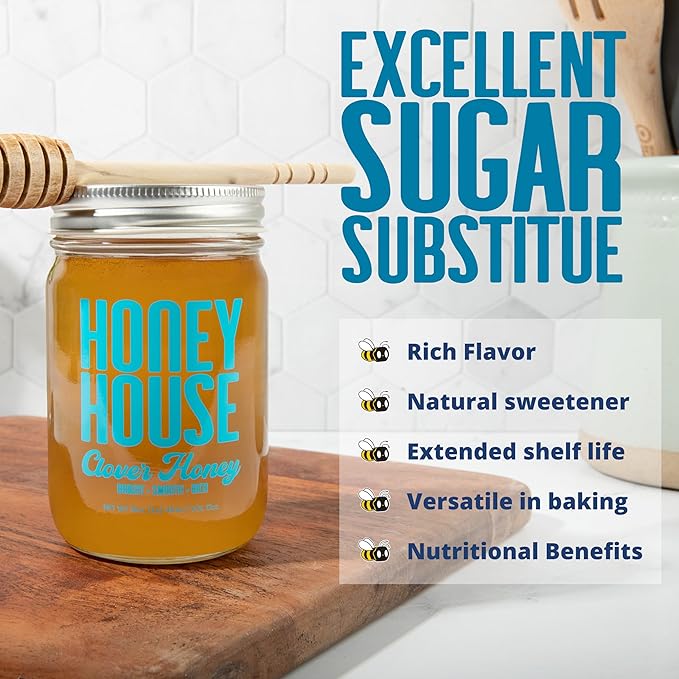 Honey House 100% Raw Clover – 100% Pure, Unfiltered & American-Sourced – Natural Sweetener in 12oz Glass Jar – No Additives, Non-GMO, Sourced only from American bee barmers (12 Fl Oz (Pack of 1), Clover Honey)