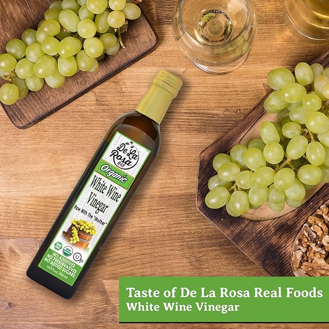 De La Rosa White Wine Vinegar, Raw & Unfiltered, with the “Mother”, Kosher for Passover, Vegan, Non-GMO & Gluten Free, Great for Salad Dressings, Marinades & More, Organic White Wine Vinegar, 16.9 Oz (Pack of 1)