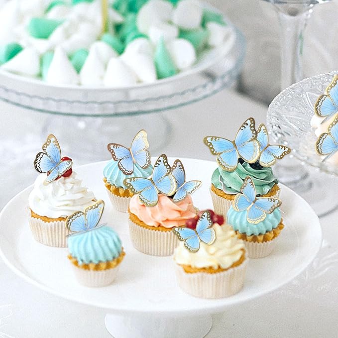 30pcs Blue Gold Edge Mixed Size Lively 3D Waterproof Butterfly Cupcake Topper for Girls Women's Happy Birthday Wedding Party Cake Wall Party Food Decorations