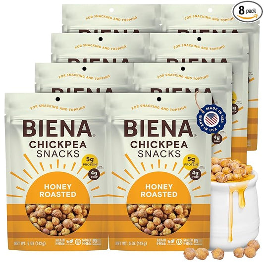 BIENA Chickpea Snacks - Crunchy Roasted Chickpeas - High Fiber Protein Snacks for Adults and Kids - 8-Pack, 5 Ounce Bags - Honey Roasted