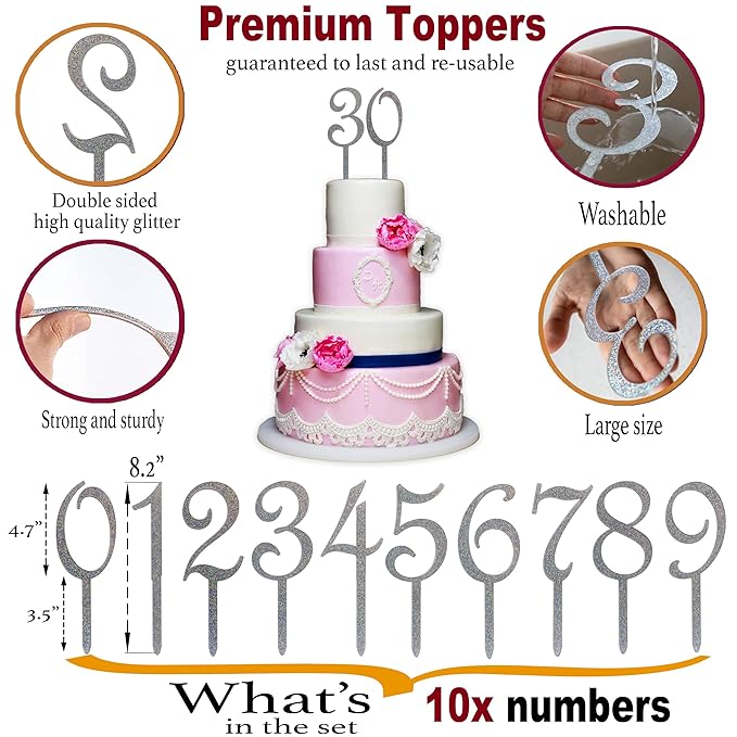 10 PCS Silver Cake Topper Numbers - Large Sturdy Acrylic Cake Decorations for Men and Women, Happy Birthday Decor for All Ages, Custom Toppers from 1st Birthday to 100+