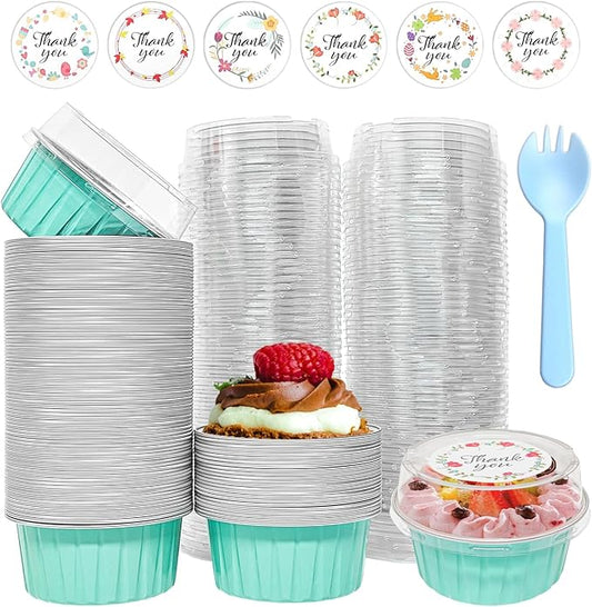 100 PCS Mini Cake Pans with Lids and 100 PCS Spoons,Aluminium Foil Baking Cups, 5 oz Disposable Baking Cups Foil Ramekins For Party Birthday Wedding Valentines (cyan blue)