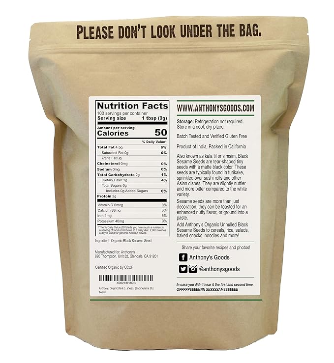 Anthony's Organic Black Sesame Seeds, 2 lb, Raw, Unhulled, Batch Tested & Verified Gluten Free, Keto Friendly
