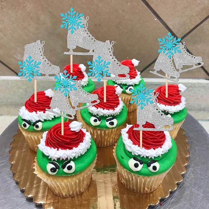 24 PCS Ice Skating Cupcake Toppers Glitter Ice Sports Snowflake Cupcake Picks for Skating Theme Baby Shower Kids Birthday Party Cake Decorations Supplies Silver Blue
