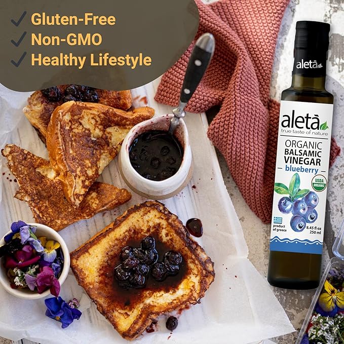 Aleta Farms Balsamic Vinegar, Greek Organic Blueberry Infused Aged Balsamic Vinegar, USDA Organic, Perfect for Salad Dressings, Pasta, Desserts & Cocktails, Glass Bottle, 8.45 fl oz (Blueberry)