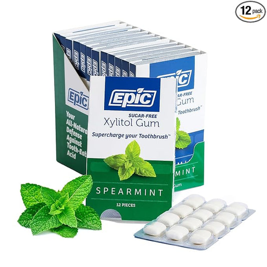 Epic 100% Xylitol Spearmint Chewing Gum - Sugar Free, Aspartame Free Dental Gum - Supports Oral Health & Fresh Breath - 12 Pieces (Pack of 12)