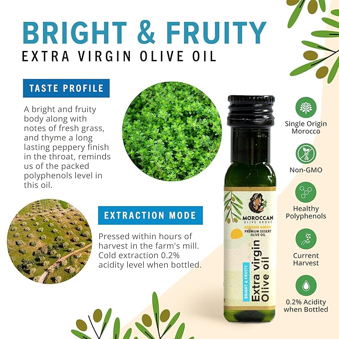 MOROCCAN OLIVE GROVE - Bright & Fruity - Premium Desert Extra Virgin Cold Extracted Olive Oil, 100% Single Origin from Morocco, Polyphenols Rich - 16.9 Fl oz (500ml) (50 Pack Travel Size - 20ml)
