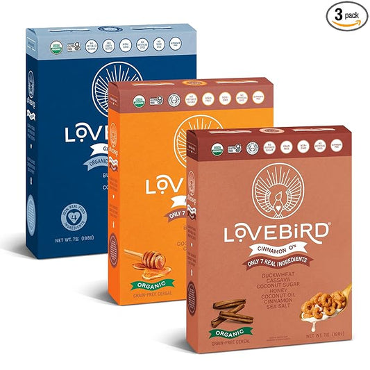 Lovebird Healthy Cereal That Actually Tastes Good - Organic & 100% Real Food, No Refined Sugar & Gluten Free Cereal, Paleo, Keto Friendly Healthy Snacks for Kids, Adults - [Variety] [3-Pack]