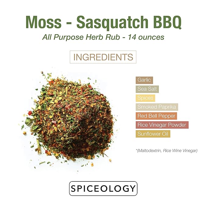 Spiceology & Sasquatch BBQ - Moss Seasoning - All-Purpose Herb Spice Rub - Use On: Pork, fish, Veggies, Chicken, Beef - Barbeque Rubs, Spices and Seasonings - 14 oz