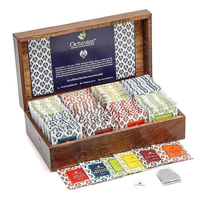 Octavius Gift's Select - Assorted Tea in Wooden Box | 6 Flavors, 120 Tea Bags | Black & Green | Tea Gifts for Women & Men | Pack of 1